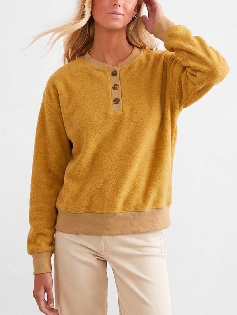 Double Zero | Soft & Cozy Fleece Button-Front Henley - Small